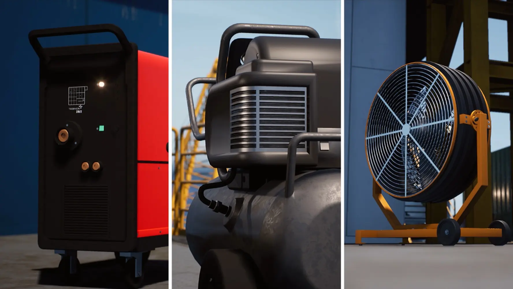Welding equipment, air compressors, ventilation fans